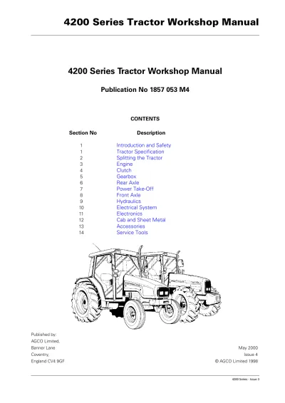 Preview: Massey Ferguson MF 4215, MF 4220, MF 4225, MF 4233, MF 4235 Tractor Workshop Manual (P/N 1857 053 M4)