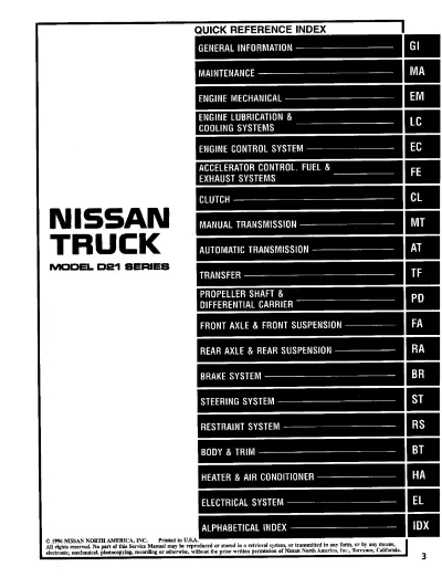 Preview: 1986–1997 Nissan Navara D21 Service Manual (P/N SM7E-0D21U0)