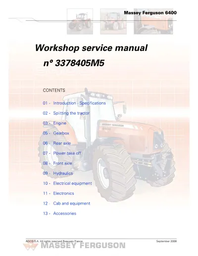 Preview: 2005–2018 Massey Ferguson 6400 Series Tractor Workshop Service Manual (P/N 3378405M5)