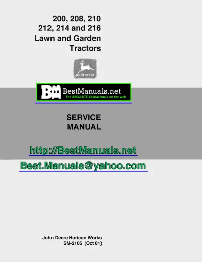 Preview: John Deere 200, 208, 210, 212, 214, 216 Lawn and Garden Tractors 1975–1982 Service Manual (P/N SM-2105)
