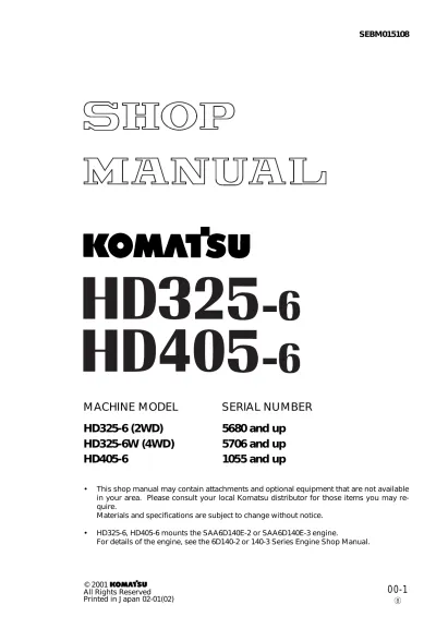 Preview: Komatsu HD325-6 (2WD), HD325-6W (4WD) & HD405-6 Off-Highway Truck 2001 Shop Manual (P/N SEBM015108)