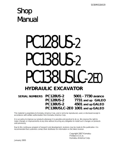 Preview: Komatsu PC128US-2, PC138US-2, PC138USLC-2 Hydraulic Excavator Shop Manual (P/N SEBM018419)