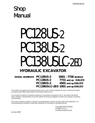 Komatsu PC128US-2, PC138US-2, PC138USLC-2E0 hydraulic excavator shop manual Preview image 1