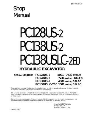 Komatsu PC128US-2, PC138US-2, PC138USLC-2E0 hydraulic excavator shop manual