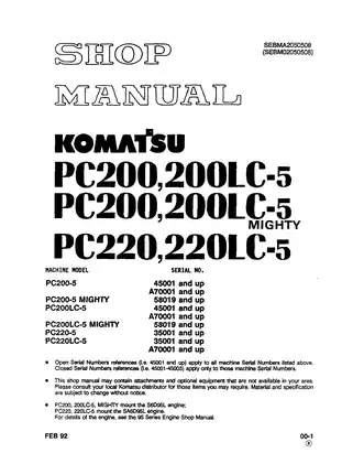 1989-94 Komatsu PC200-5, PC200LC-5, PC220, PC220LC-5 mighty excavator  S6D95L and SA6D95L engine shop manual