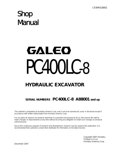 Preview: 2007 Komatsu PC400LC-8 Galeo Hydraulic Excavator Shop Manual (P/N CEBM018801)