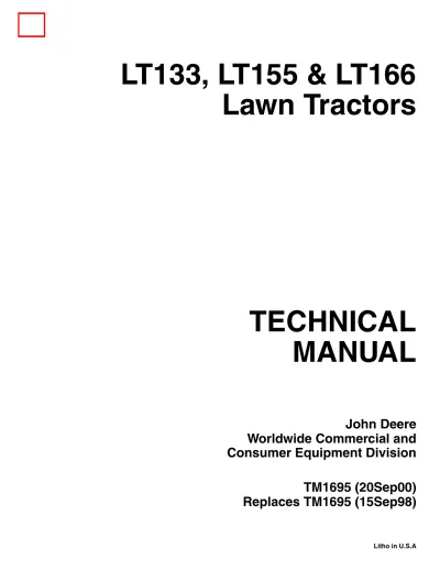 Preview: John Deere LT133 / LT155 / LT166 Lawn Tractor 1998–2000 Technical Manual (P/N TM1695)