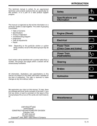 John Deere Skid Steer Technical Manual (Models 240 & 250) Preview image 3