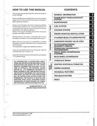 Honda CR250R Motorcycle Service Manual (1999-2000): Comprehensive Repair Guide Preview image 2