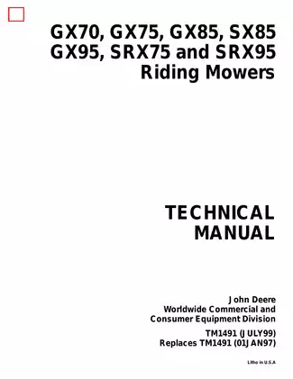 John Deere GX70, GX75, GX85, SX85, GX95, SRX75, SRX95 riding lawn mower technical manual Preview image 1