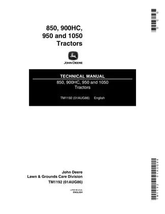John Deere TM-1192 Technical Manual for 850, 900HC, 950 and 1050 Tractors