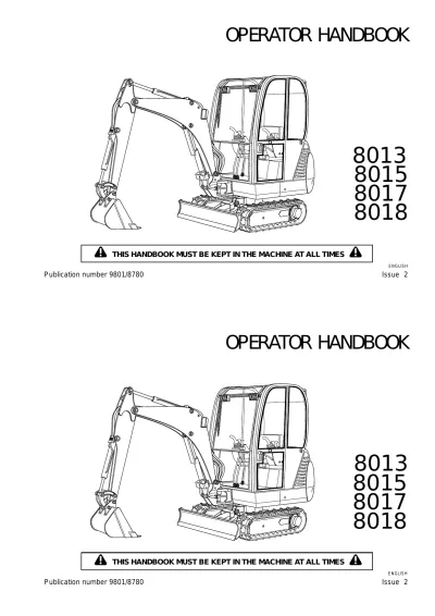 Preview: JCB Mini Excavator 8013–8018 Operator Handbook (P/N 9801/8780)