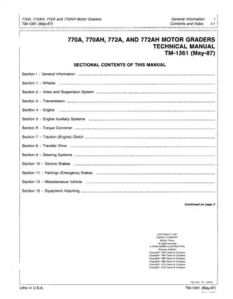 John Deere TM-1361 Technical Manual for 770A, 770AH, 772A, and 772AH Motor Graders (1987 Edition) Preview image 3