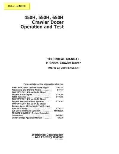 John Deere 450H / 550H / 650H Crawler Dozer Operation and Test Technical Manual (TM1743)