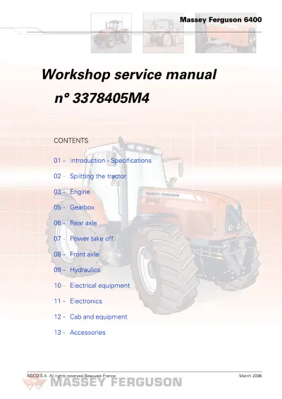 Preview: 2004–2013 Massey Ferguson 6475, 6480, 6485, 6490, 6495, 6499, 6497, 6470, 6465, 6460, 6455, 6445 workshop service manual (P/N 3378405M4)
