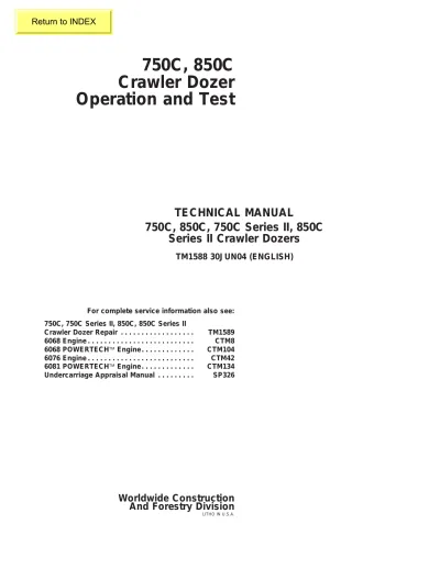 John Deere 750C & 850C Crawler Dozer Service Manual 1995- (P/N TM1588)