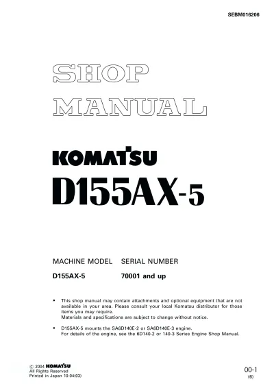 Preview: Komatsu D155AX-5 / D155 Shop Manual (P/N SEBM016206)