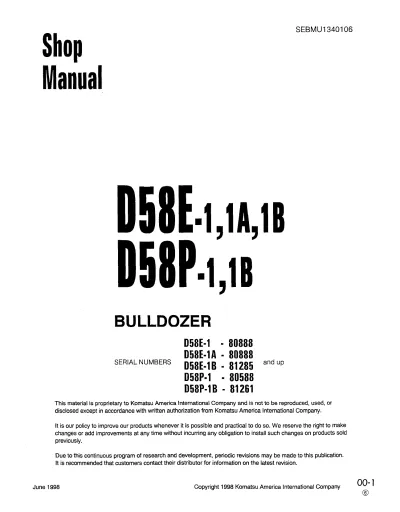 Preview: Komatsu D58E-1, D58E-1A, D58E-1B, D58P-1, D58P-1B Bulldozer Shop Manual (SEBMU1340106)