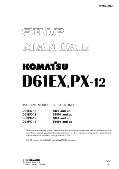 Preview: Komatsu D61EX-12, D61PX-12 Bulldozer Shop Manual (P/N SEBM018904)