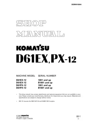 Komatsu D61EX-12, D61PX-12 bulldozer shop manual