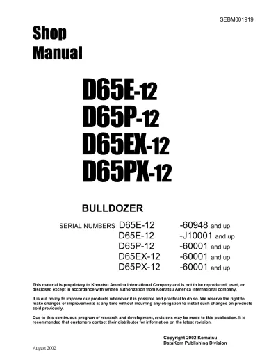 Preview: Komatsu D65E-12, D65P-12, D65EX-12, D65PX-12 Bulldozer Shop Manual, 2002 (P/N SEBM001919)