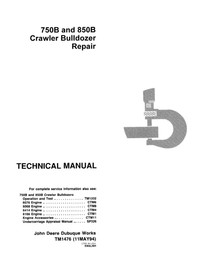 John Deere 750B and 850B Crawler Bulldozers 1993 Technical and Repair Manual (P/N TM1476)