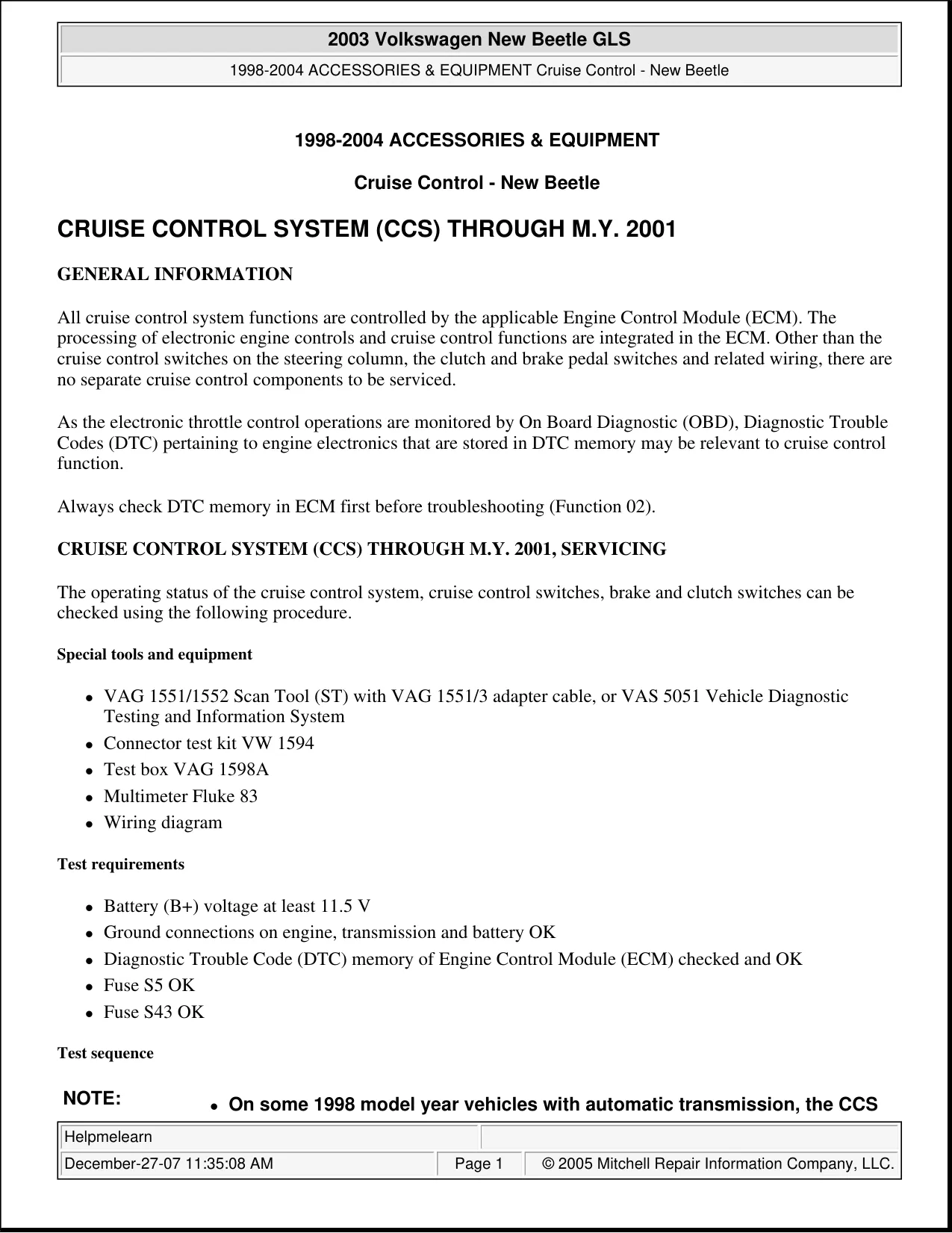 1998-2008 Volkswagen New Beetle repair manual