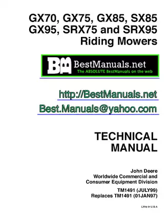 John Deere GX70, GX75, GX85, SX85, GX95, SRX75, SRX95 riding lawn mower service technical manual Preview image 1