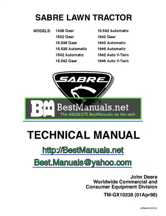 John Deere Sabre Lawn Tractor Technical Manual (TM-GX10238)