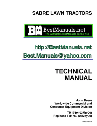Sabre (John Deere) 1438GS, 1438HS, 1542HS, 1642HV, 1742HS, 1846HV, and 2046HV Lawn and Garden Tractor 1998–2000 Service Manual (P/N TM1769)