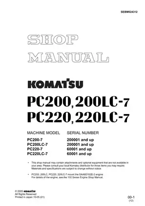 Komatsu PC200-7, PC200LC-7, PC220-7, PC220LC-7 hydraulic excavator shop manual Preview image 1