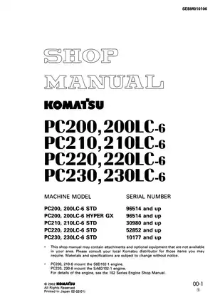 Komatsu PC200-6, PC200LC-6, PC210-6, PC210LC-6, PC220-6, PC220LC-6, PC230-6, PC230LC-6 hydraulic excavator shop manual Preview image 1