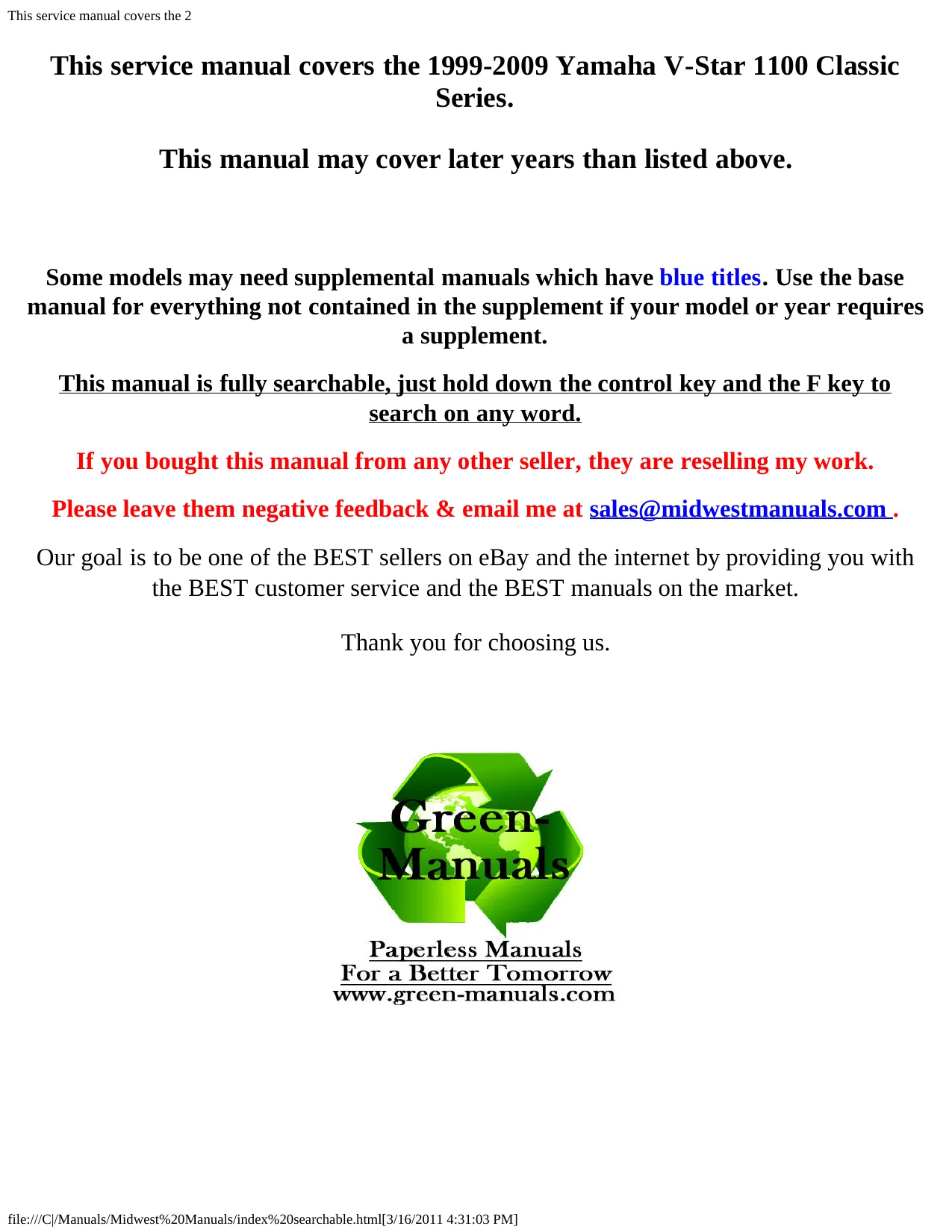 Yamaha V-Star 1100 Classic Service Manual (1999-2009) - Comprehensive Repair Guide