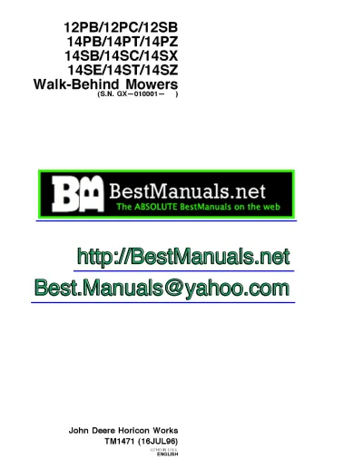 Preview: John Deere 12PB/12PC/14PB/14PT/14PZ/14SB/14SC/14SX/14SE/14ST Mower Service & Repair Manual (P/N TM1471)