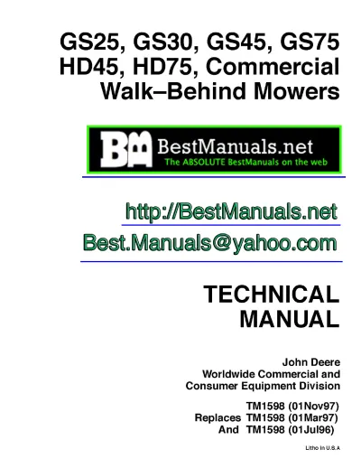 Preview: John Deere GS25, GS30, GS45, GS75, HD45, HD75 Mowers Technical Manual (P/N TM1598)