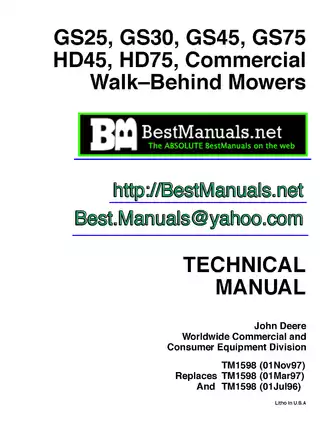 John Deere GS25, GS30, GS45, GS75, HD45, HD75 Walk Behind Mower technical manual Preview image 1