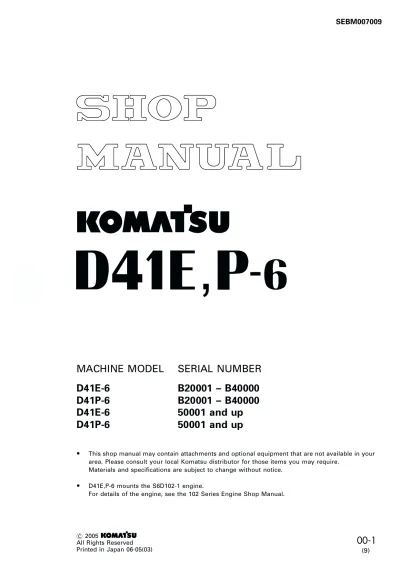 Preview: Komatsu D41E-6 and D41P-6 Factory Service & Repair Manual (P/N SEBM007009)