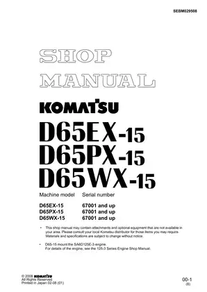 Komatsu D65EX-15 & D65PX-15 Dozer Shop Manual - Comprehensive Service Guide
