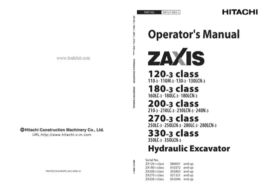 Hitachi Zaxis ZX120-3, ZX180-3, ZX200-3, ZX270-3, ZX330-3 hydraulic excavator operator´s manual