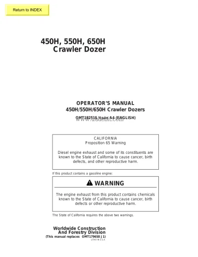 John Deere 450H, 550H, 650H Crawler Dozer Operator's Manual (P/N OMT182515)