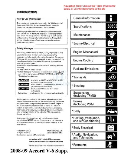 Preview: 2008–2009 Honda Accord V6 J35Z2 & J35Z3 Service Manual (P/N 61TA002)