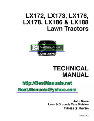 John Deere LX172, LX173, LX176, LX178, LX186, LX188 lawn tractor service technical manual Preview image 1
