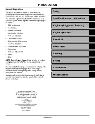 John Deere SST15, SST16 and SST18 Spin-Steer Lawn Tractor Technical Manual Preview image 3