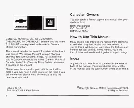 2003 Chevrolet S10 pickup truck owners manual Preview image 3