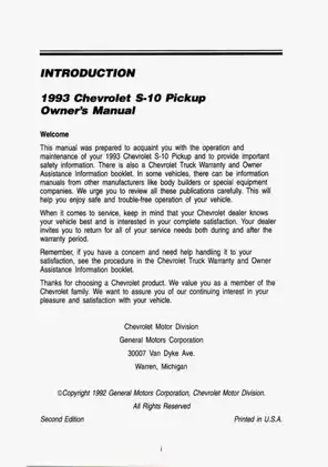 1993 Chevrolet S-10 Pickup Owner's Manual - Complete Vehicle Guide Preview image 3