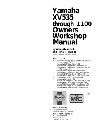 Yamaha XV535,700,750,920,1000,1100 Virago Owners Workshop Manual (1981-1994) Preview image 2