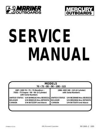 1987-1993 Mercury Mariner 70, 75, 80 90, 100, 115 hp outboard motor service manual Preview image 1