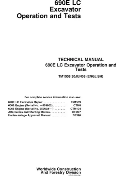 Preview: John Deere 690E LC Excavator Factory Service & Repair Manual (P/N TM1508)
