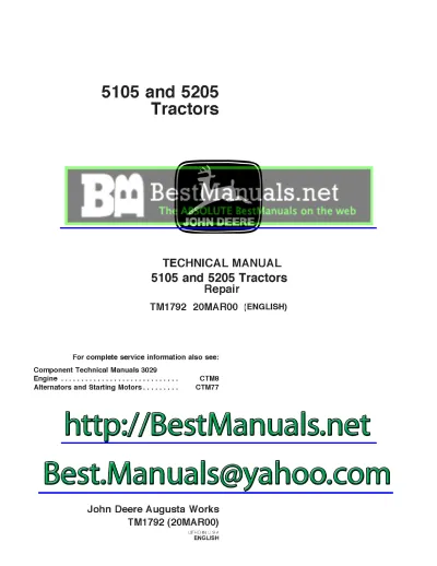 2000 John Deere 5105 & 5205 Tractor Technical Manual (TM1792)