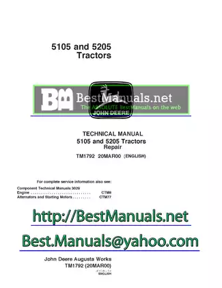 John Deere 5105 and 5205 Tractors Technical Manual TM1792 Preview image 1